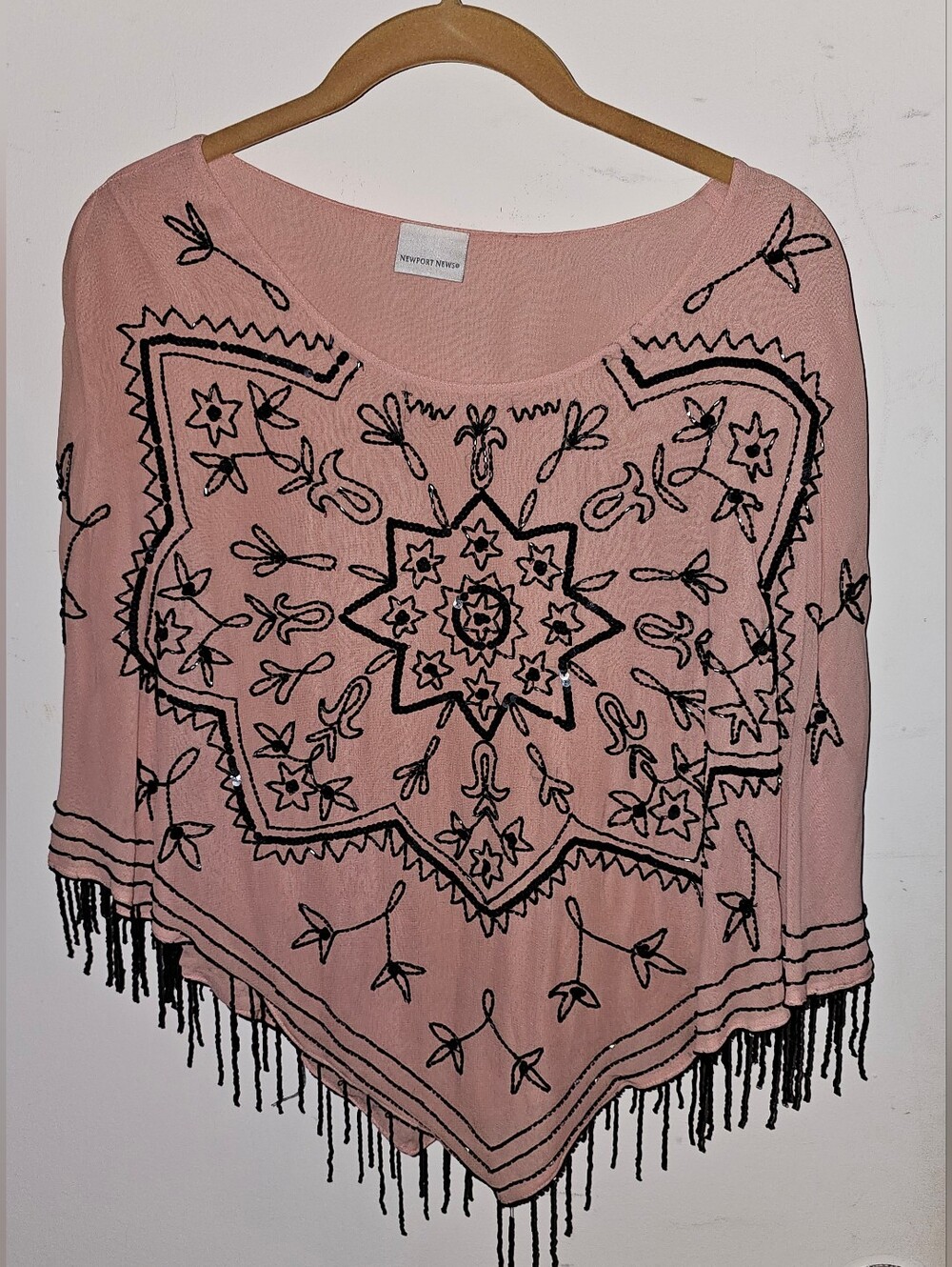 Vintage Newport News Pink Fringe Poncho with Black Embroidery